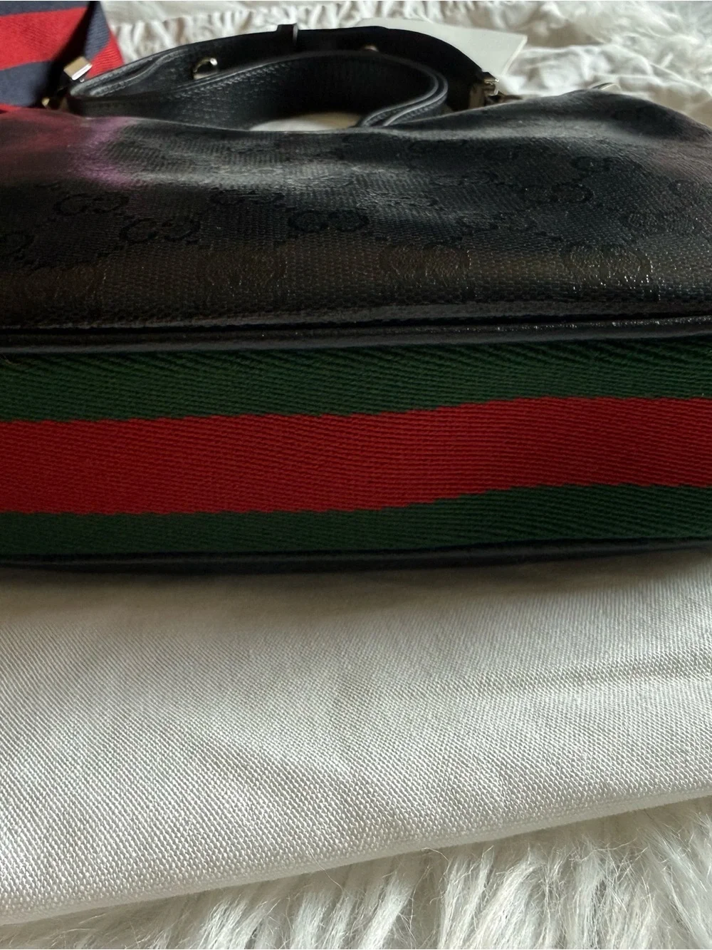 Gucci Black GG Monogram Crescent Shoulder Bag with Red-Blue Web Strap